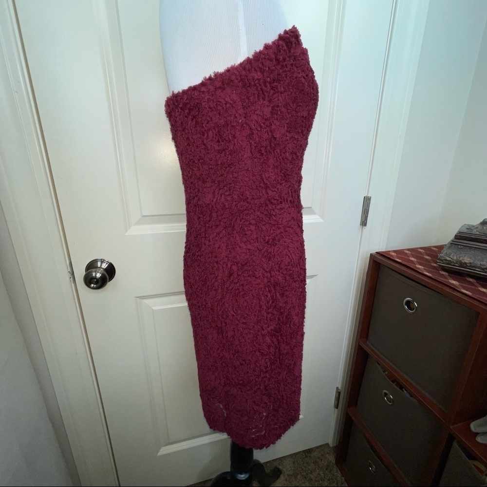 Storia Textured Floral Mini Dress Strapless Bodycon Maroon L - Picture 7 of 17